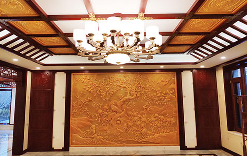 阜阳中式别墅客厅中式木作横梁吊顶装饰展示